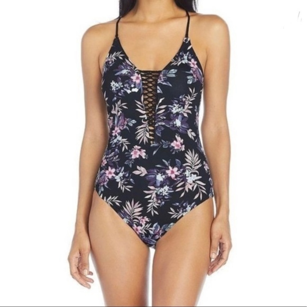 Ambrielle black floral one piece swim suit size small NWT